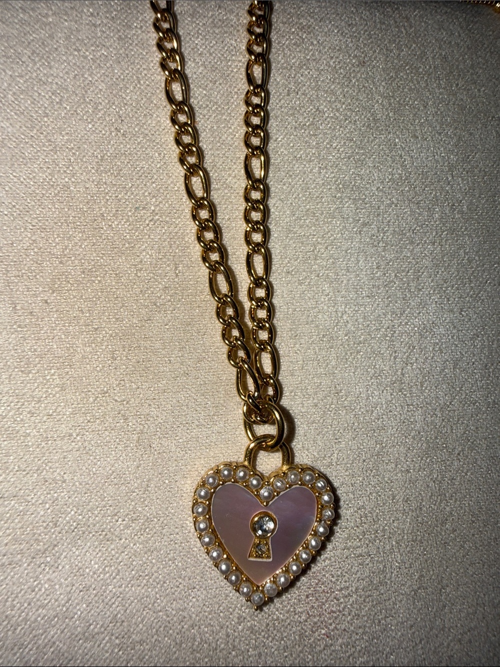 Gold Tone Pink Heart Pendant Necklace with Pearl Border 18k plated waterproof
